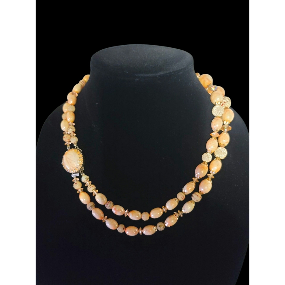 Vintage Beaded Double Strand Cream and Peach Hong Kong Necklace